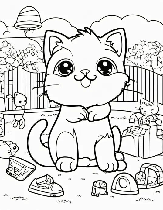 Cute Kitten Coloring Page: Rainbow Playtime