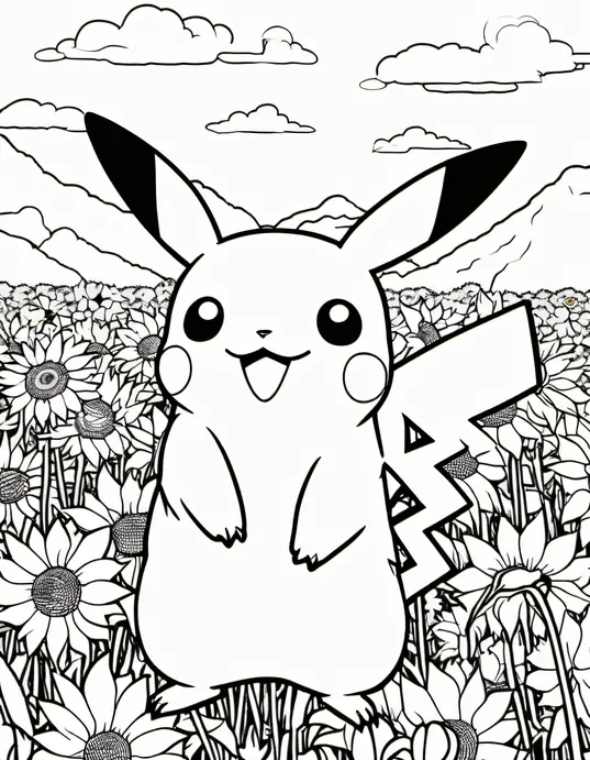 Pokemon Coloring: Catch Pikachu in a Sunflower Meadow