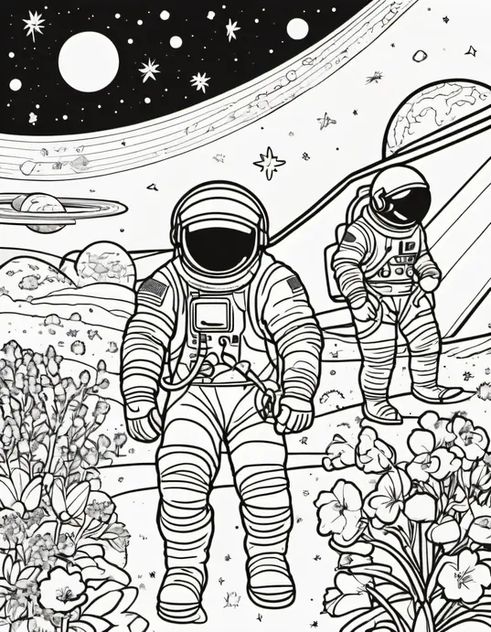 Explore Space Coloring: Astronauts Planting Flowers on Mars