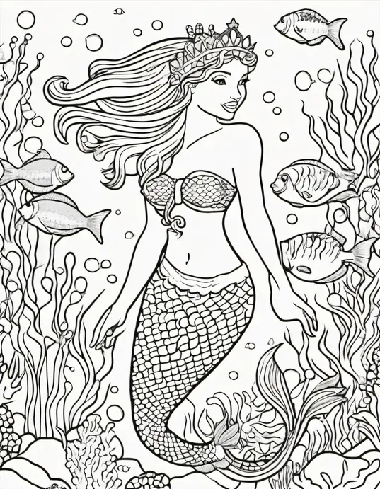 Underwater Rainbow Mermaid Coloring Scene