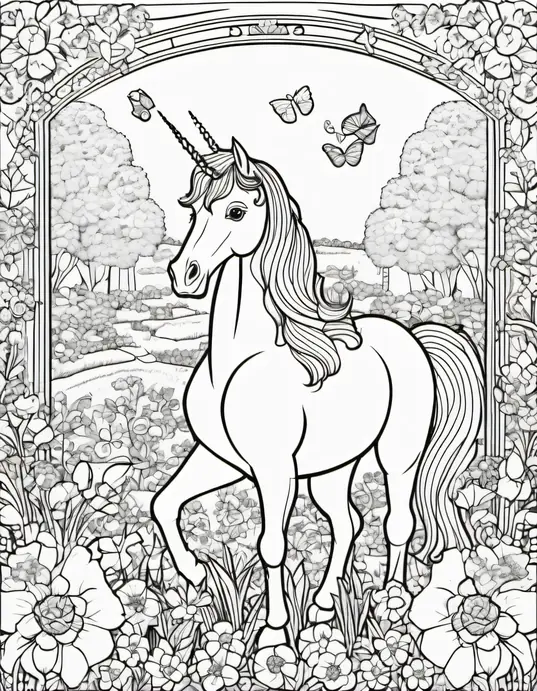 Enchanting Unicorn Garden Princess Coloring Page