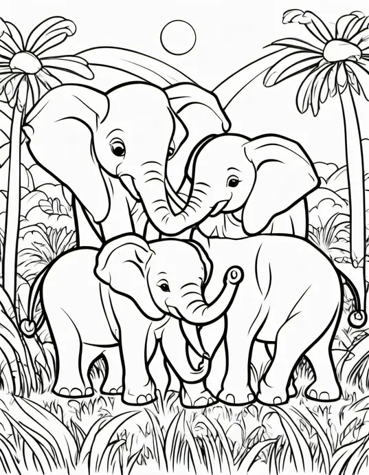 Colouring Cute Baby Elephants in Grassland