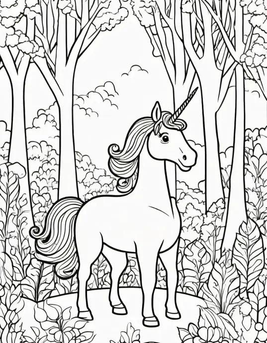 Enchanting Unicorn Forest Coloring Page