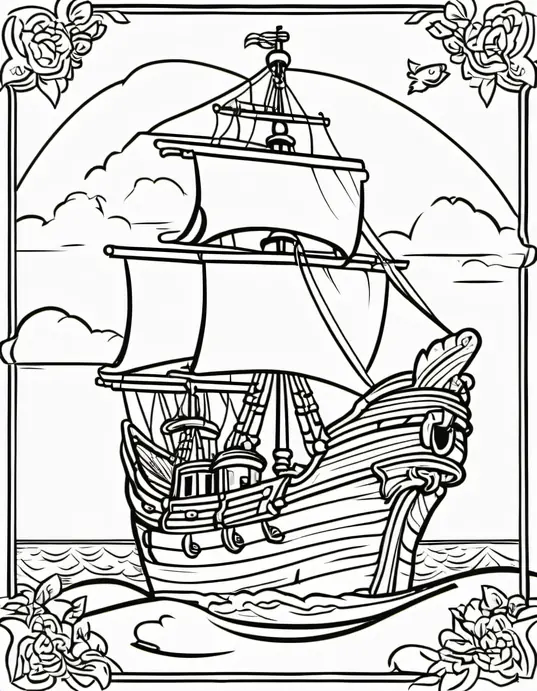 Pirate Treasure Boat Coloring Scene for Kids