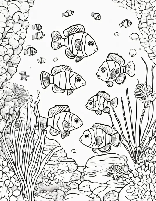 Color Underwater Friends: Playful Clownfish Coral Reef Scene