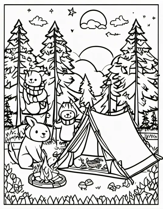 Explore Forest Friends Campsite Coloring Scene