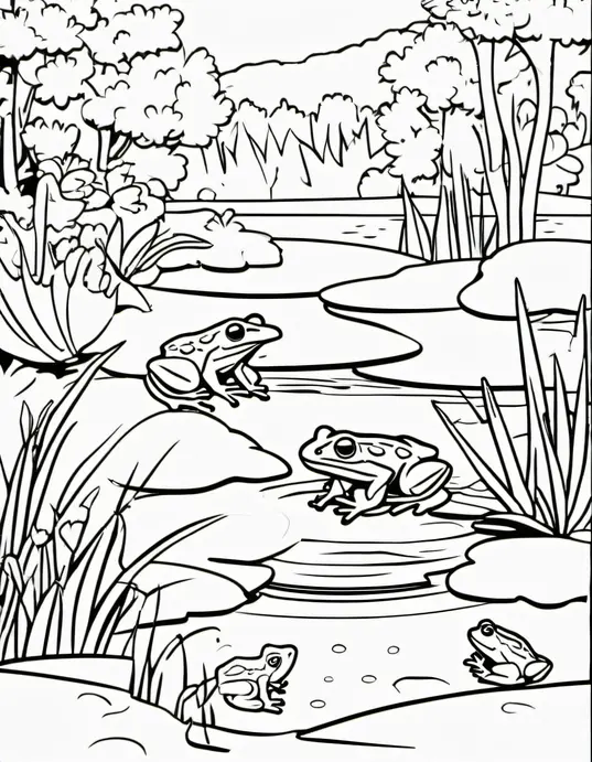 Color Frogs Splashing in a Pond Scene