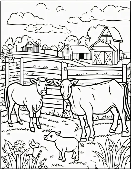 Colorful Sunset Barnyard Scene: Farm Animal Friends