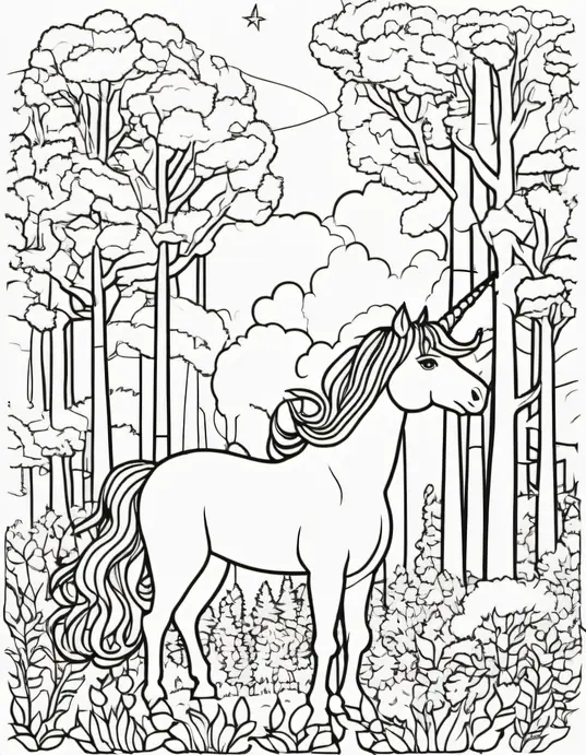 Magical Unicorn Forest Coloring Page