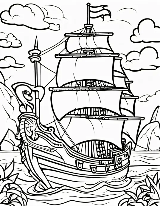 Pirate Treasure Boat Coloring Page for Kids