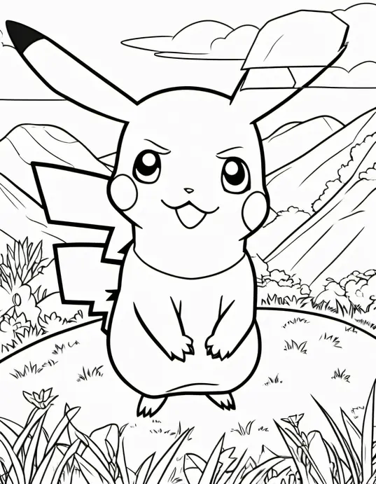Pokemon Adventure Coloring Page: Catching Pikachu in Grasslands