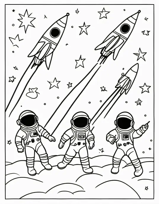 Space Adventure Coloring Page: Astronauts Playing with Shooting Stars