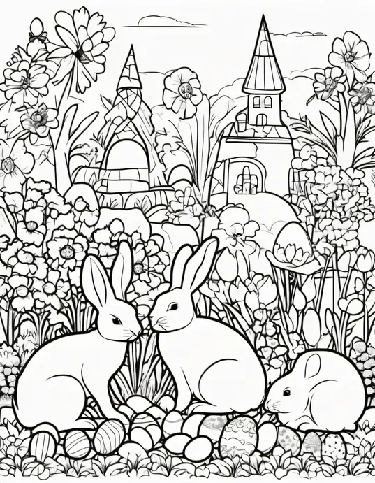Easter Bunny Garden Coloring Page for Kids