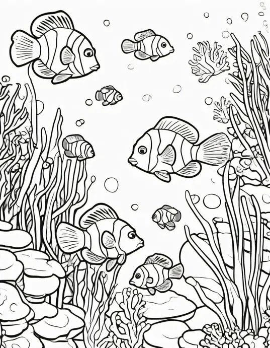 Colour a Playful Clownfish Reef Scene