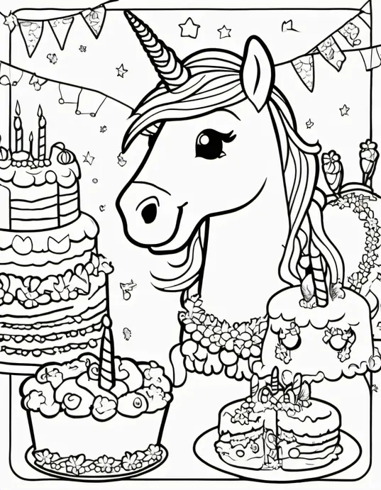 Unicorn Birthday Party Coloring Scene for Kids