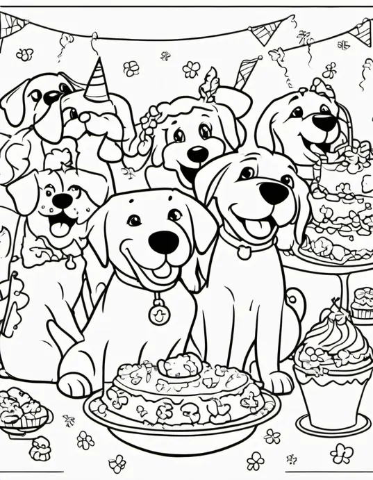 Puppy Party Coloring Scene: Paint Happy Friends