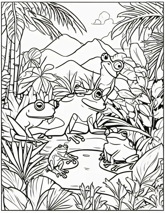 Explore Rainforest Frog Coloring Scene