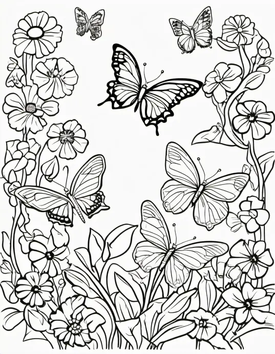 Butterfly Garden Coloring Scene for Kids