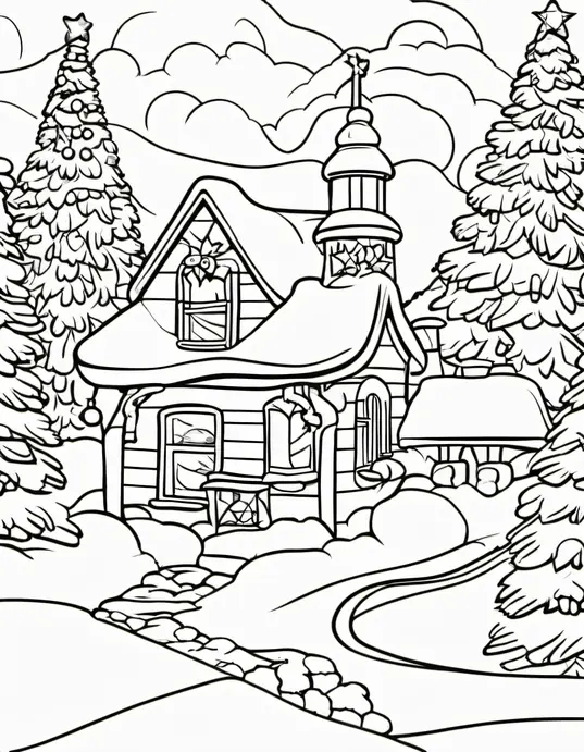 Santa's Snowy Workshop Christmas Coloring Page