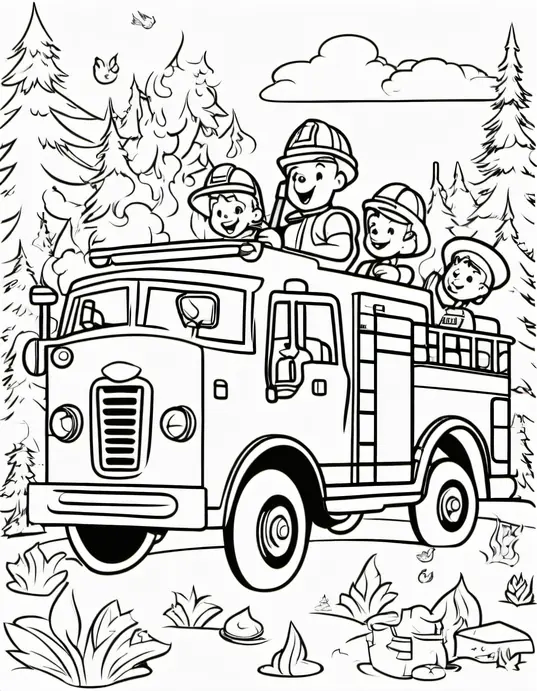 Exciting Fire Truck Coloring Scene for Kids