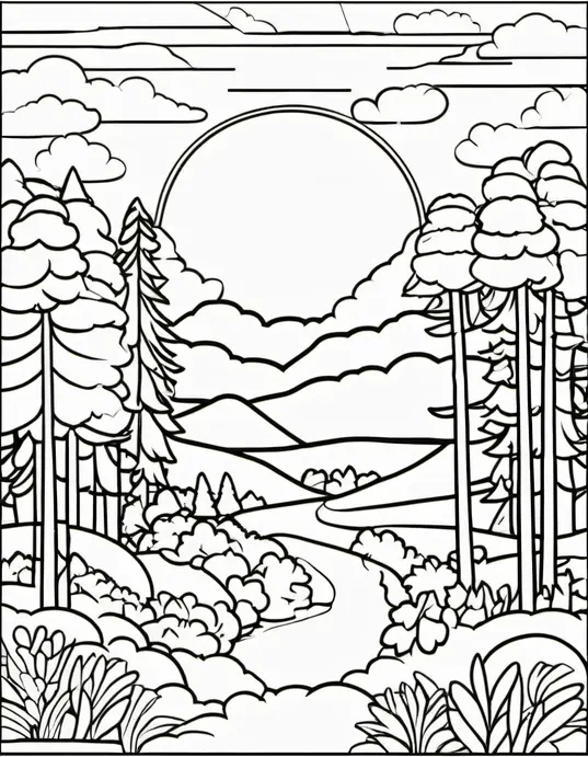 Sunset Forest Coloring Page