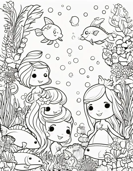 Kawaii Mermaid Coloring Page Underwater Garden