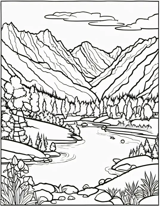 Peaceful Mountain Valley Coloring Page