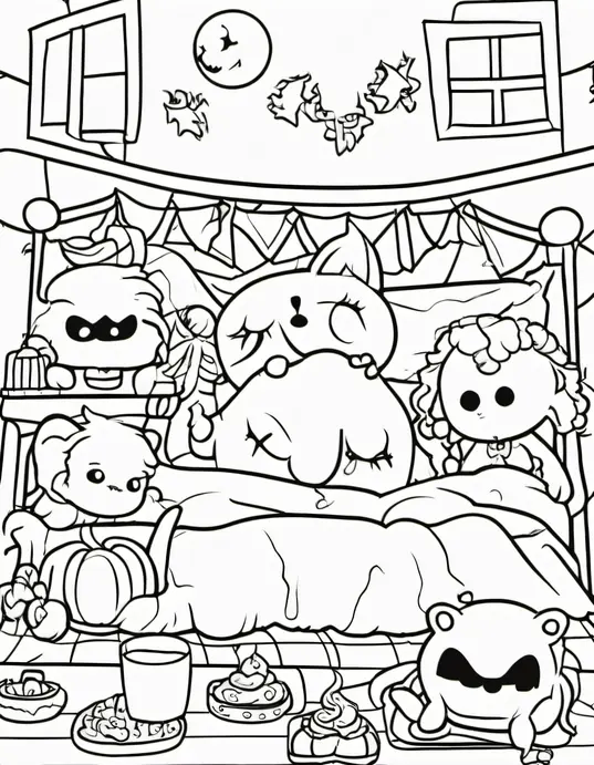 Spooky Slumber Party Monster Coloring Scene