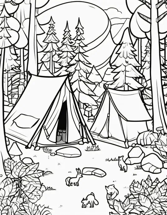Explore Forest Campsite Coloring Scene for Kids