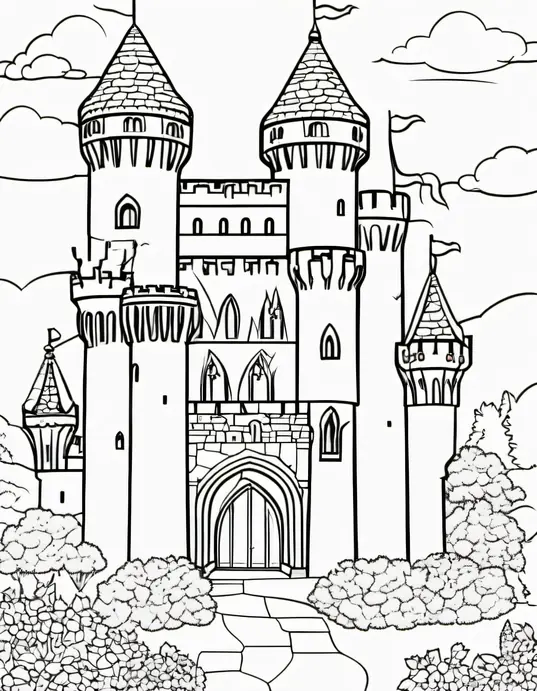 Medieval Castle Coloring Page: Chivalrous Knights and Cheerful Dragons