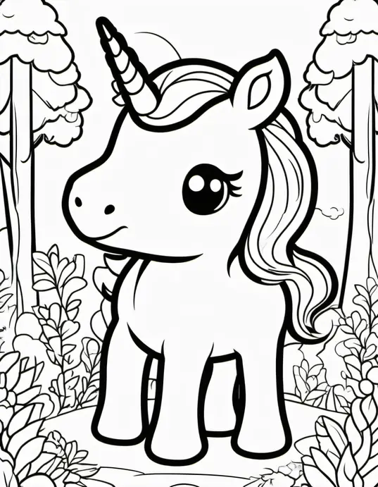 Kawaii Unicorn Forest Coloring Page for Kids