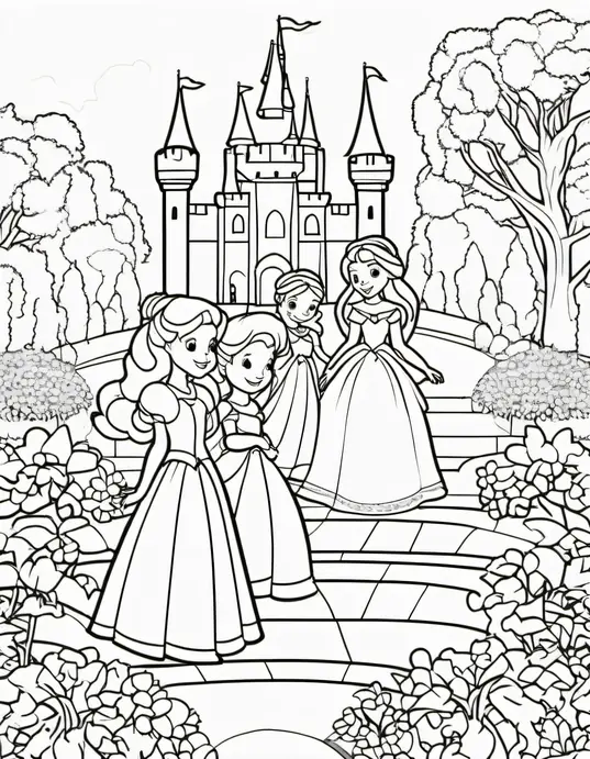 Enchanting Castle Garden Coloring Scene for Princesses