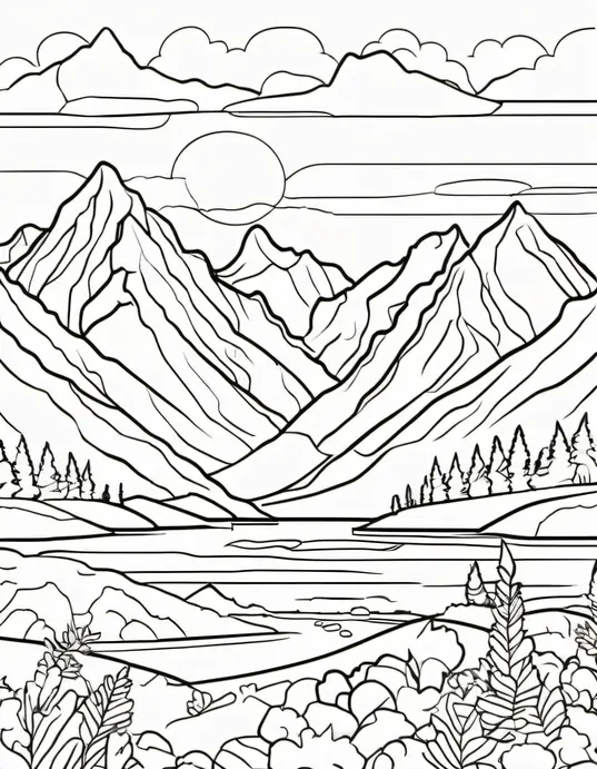 Colorful Sunset Mountain Peaks Coloring Page