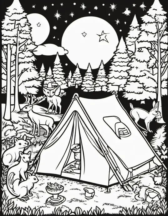 Explore Forest Friends Campsite Coloring Scene
