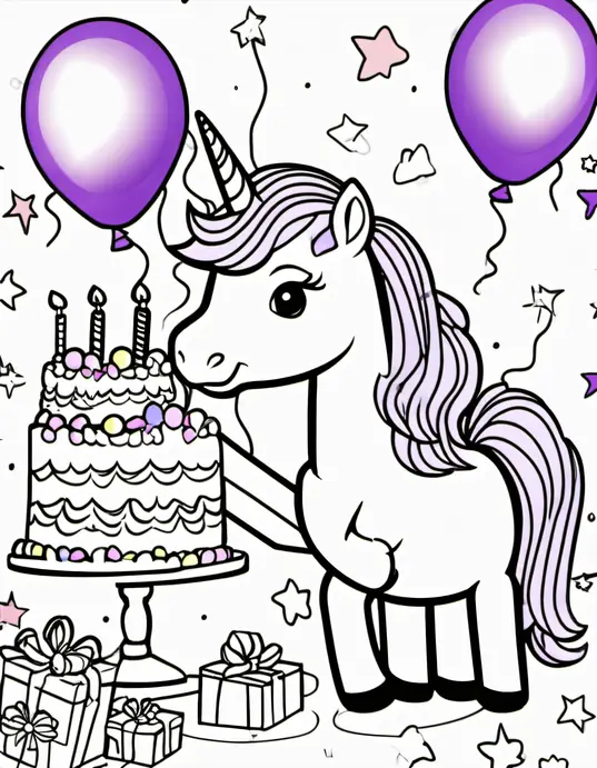 Purple Unicorn Birthday Party Coloring Scene