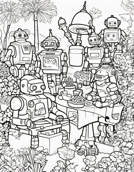 Color Robot Garden Party Scene