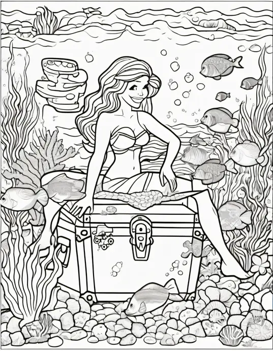 Magical Underwater Mermaid Coloring Scene