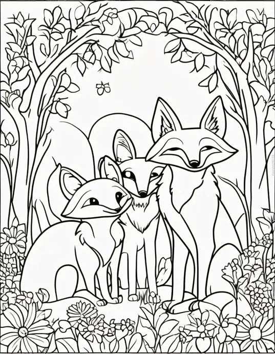 Colorful Forest Foxes Coloring Page