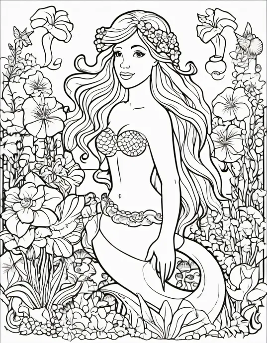 Enchanting Mermaid Garden Coloring Page