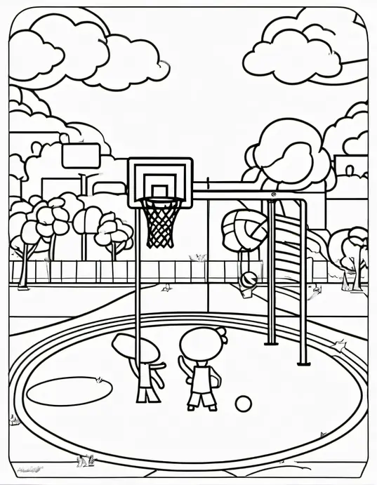 Color Basketball Players in a Sunny Playground Scene