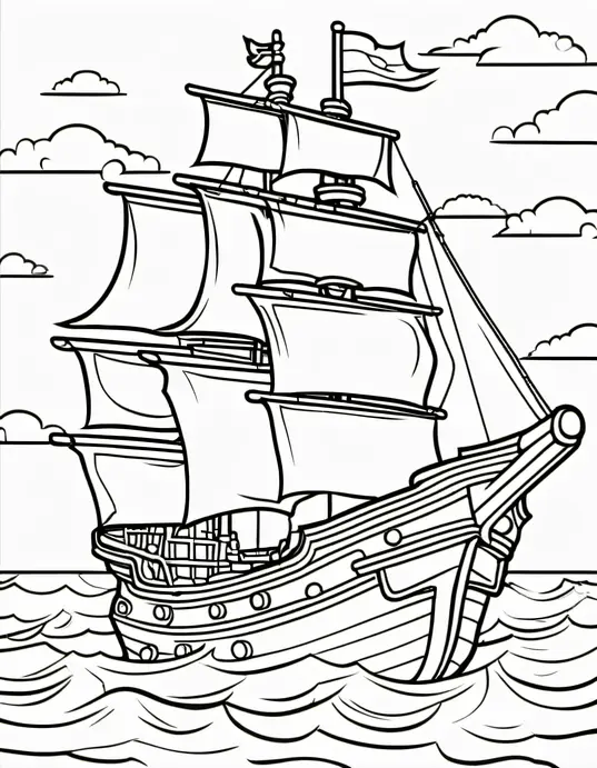 Pirate Treasure Boat Coloring Scene
