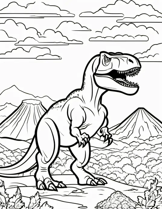 Tyrannosaurus Rex Coloring Page with Volcano Scene