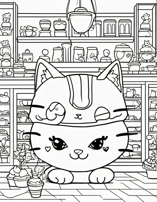 Kitty Café Coloring Page: Playful Cat Friends