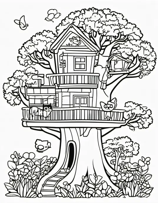 Colour Sunny Summer Tree House Scene for Kids