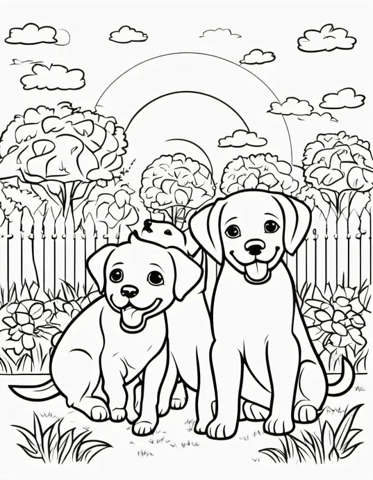 Coloring Puppies Playing in a Sunny Park