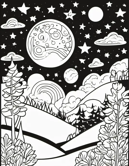 Color and Glow: Moonlit Starry Night Coloring Page