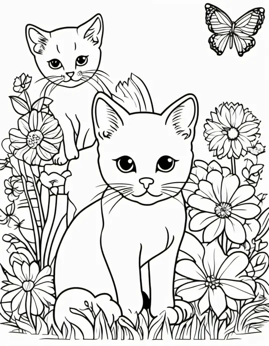 Color Cute Kitten Garden Scene