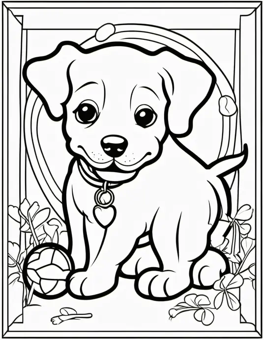Playful Puppy Coloring Page with Bones and Ball
