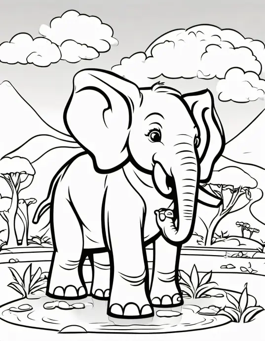 Coloring Baby Elephants Playing in Mud