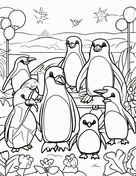 Penguin Party Coloring Scene for Kids